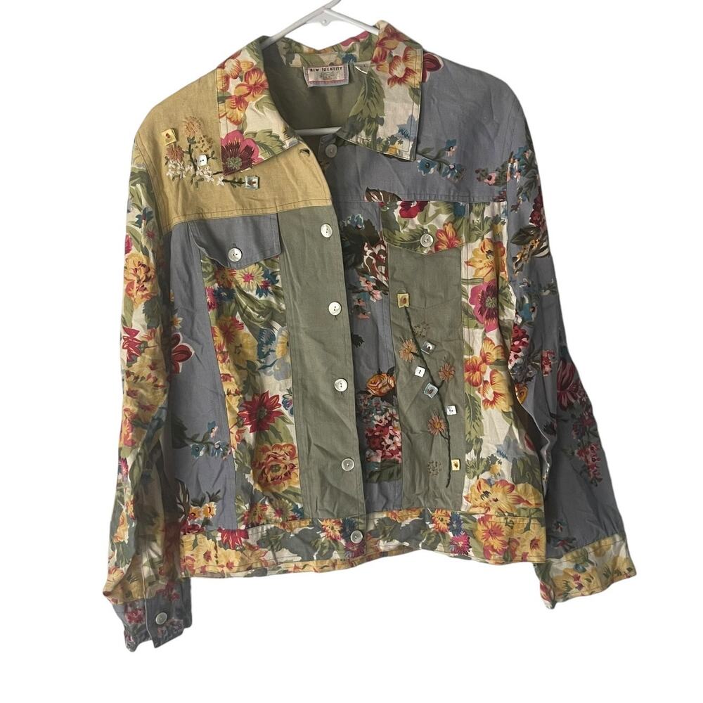 New Identity Vintage 90s Size Large Floral Patchwork Hippie Beaded Artsy‎ Top